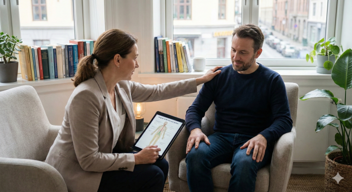 Ilustrační fotografie znázorĹující profesionální terapeutický dotek (např. ruka na rameni) v moderní praxi, s důrazem na bezpečí a důvěru.
